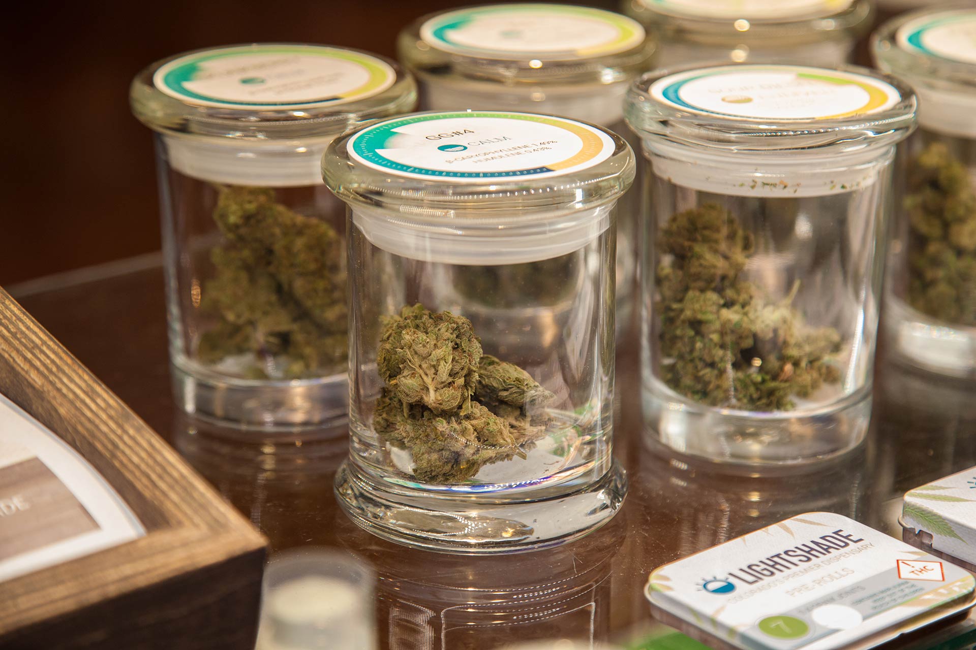 Marijuana in Jars on display at the Lightshade Iliff Recreational Dispensary in Aurora