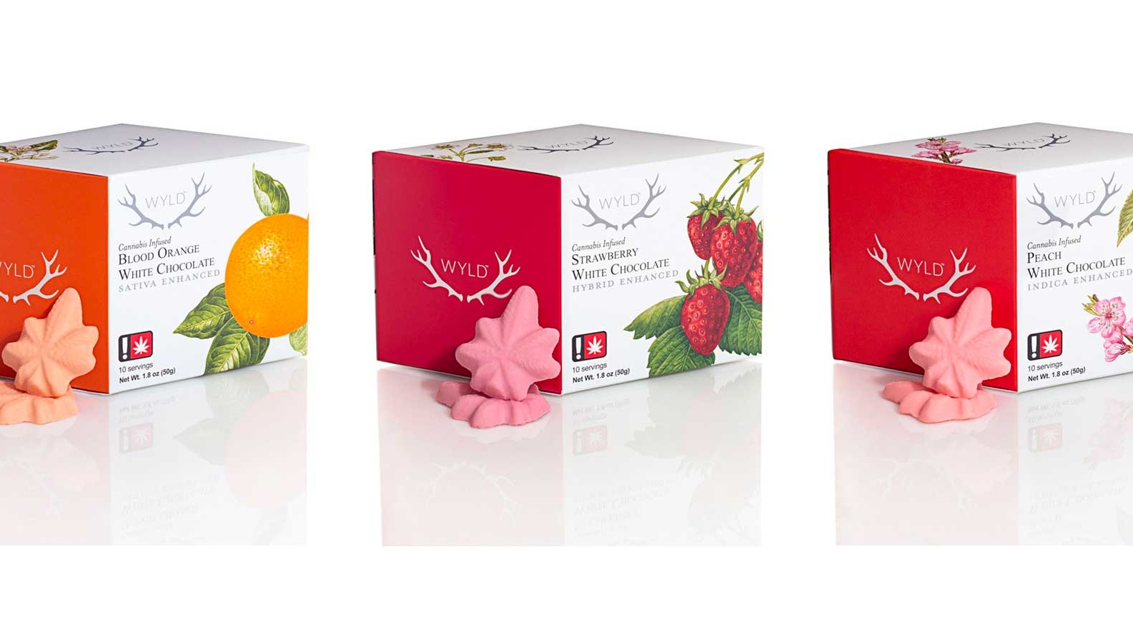 3 packages of Wyld White Chocolates in Blood Orange, Strawberry & Peach Flavors - available at Lightshade Dispensaries