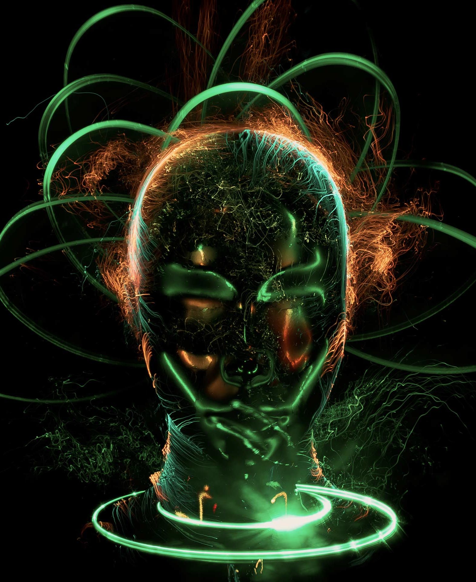abstract green lights circle a 3d metallic head