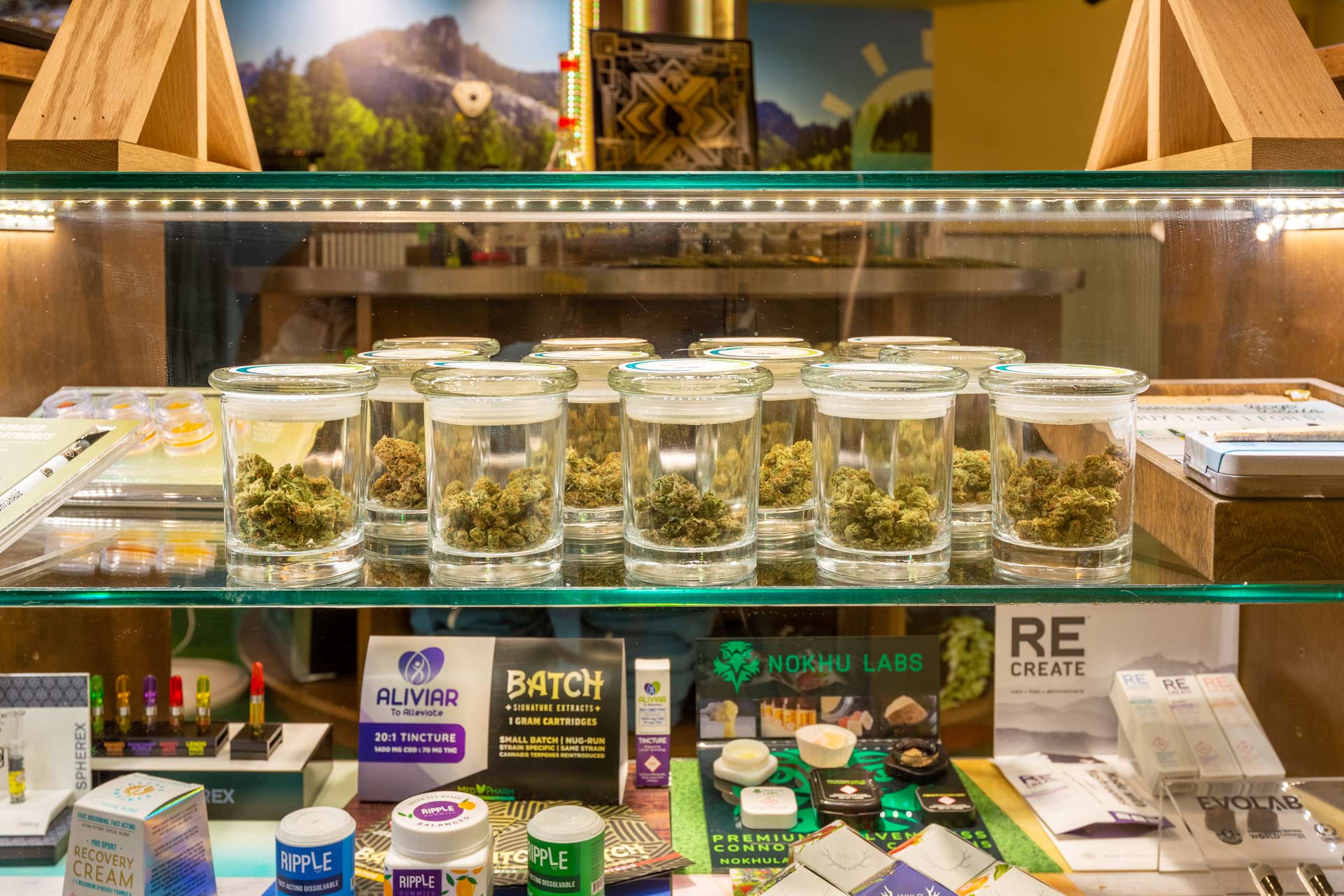 dispensary display case with cannabis products inside