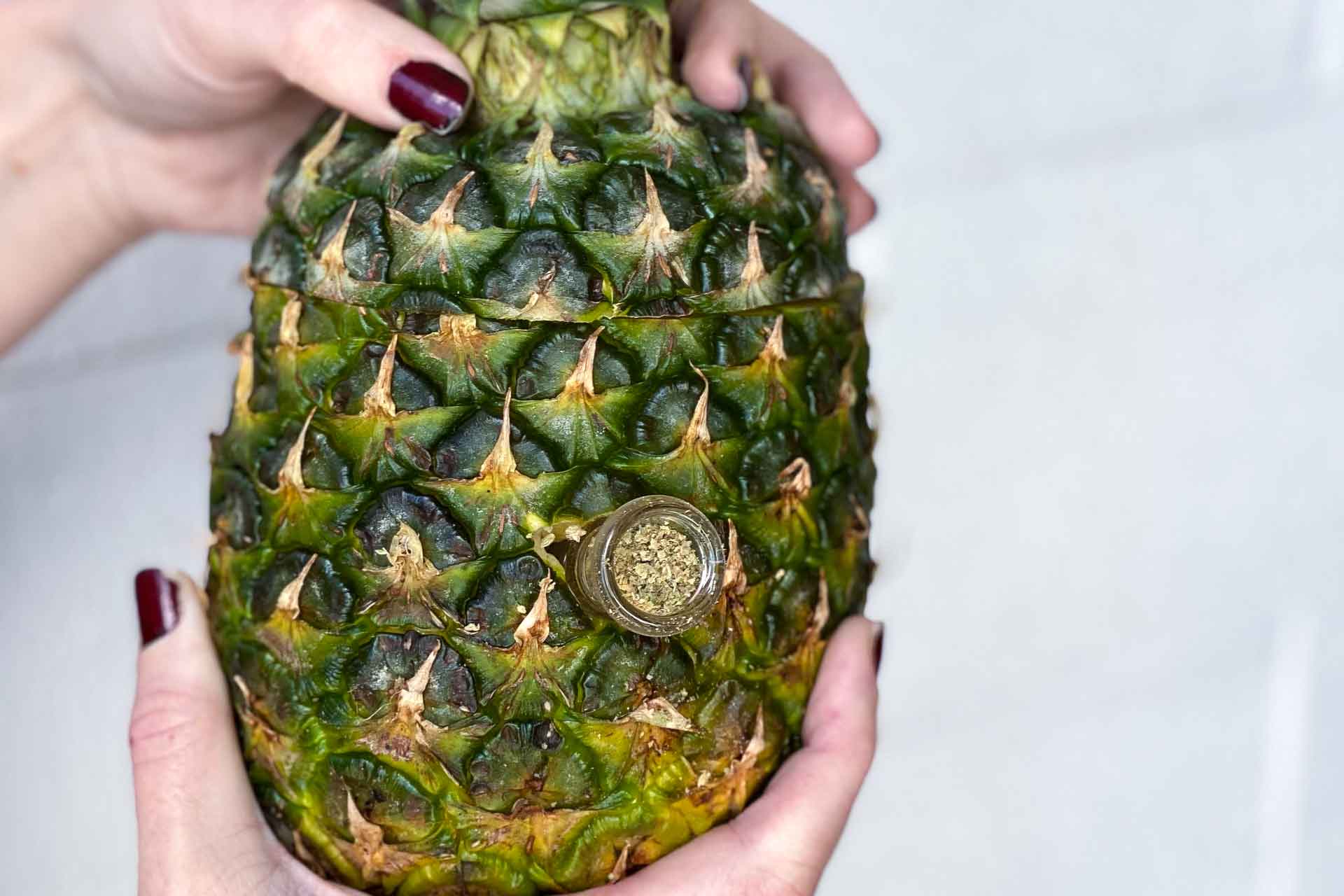 Hand Holding A Cannabis Bubbler Pipe made out of a pineapple