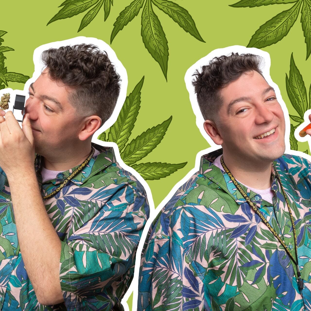 Two images of Lightshade’s Director of Inventory and Purchasing, Zach York, holding cannabis products over an illustrated cannabis background
