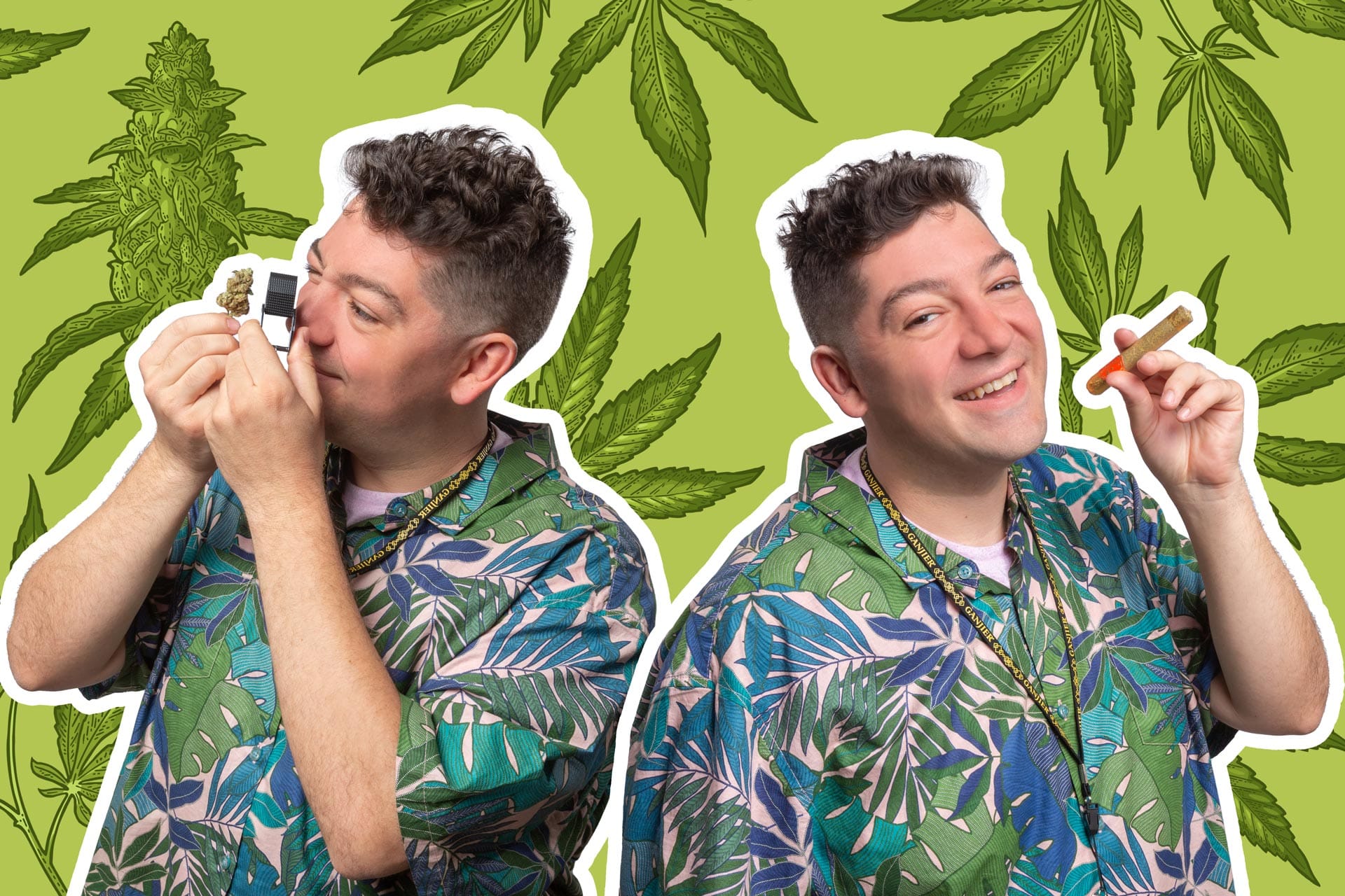 Two images of Lightshade’s Director of Inventory and Purchasing, Zach York, holding cannabis products over an illustrated cannabis background