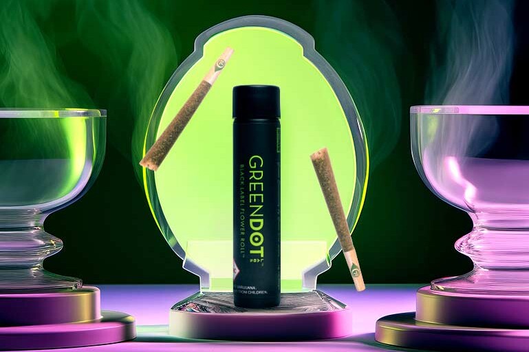 Green Dot pre-roll cannabis product displayed on a neon-lit pedestal with smoke effects, featuring two floating joints and a vibrant green and purple background.