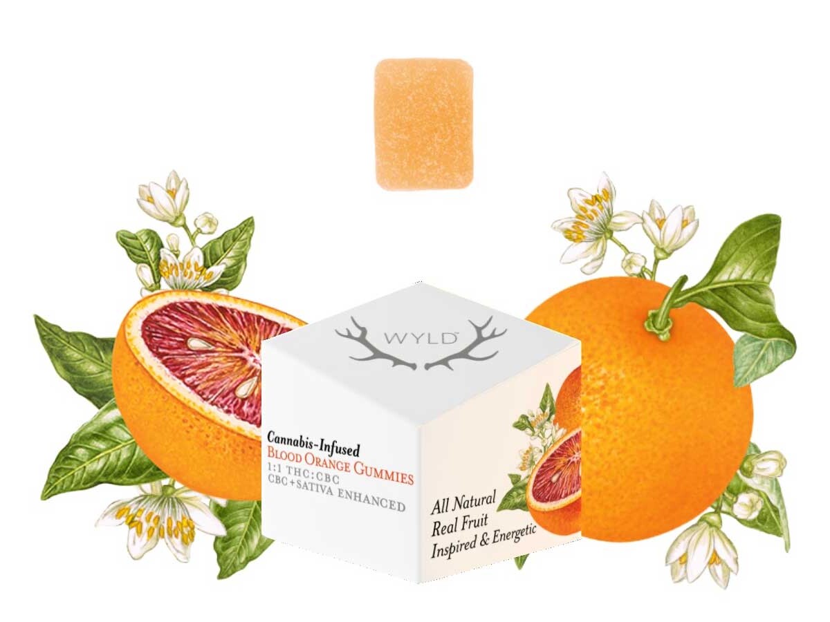 Box of Wyld Cannabis-Infused Blood Orange Gummies labeled 1:1 THC:CBC with sativa enhancement, shown with a single orange gummy and illustrated blood oranges and citrus blossoms in the background.