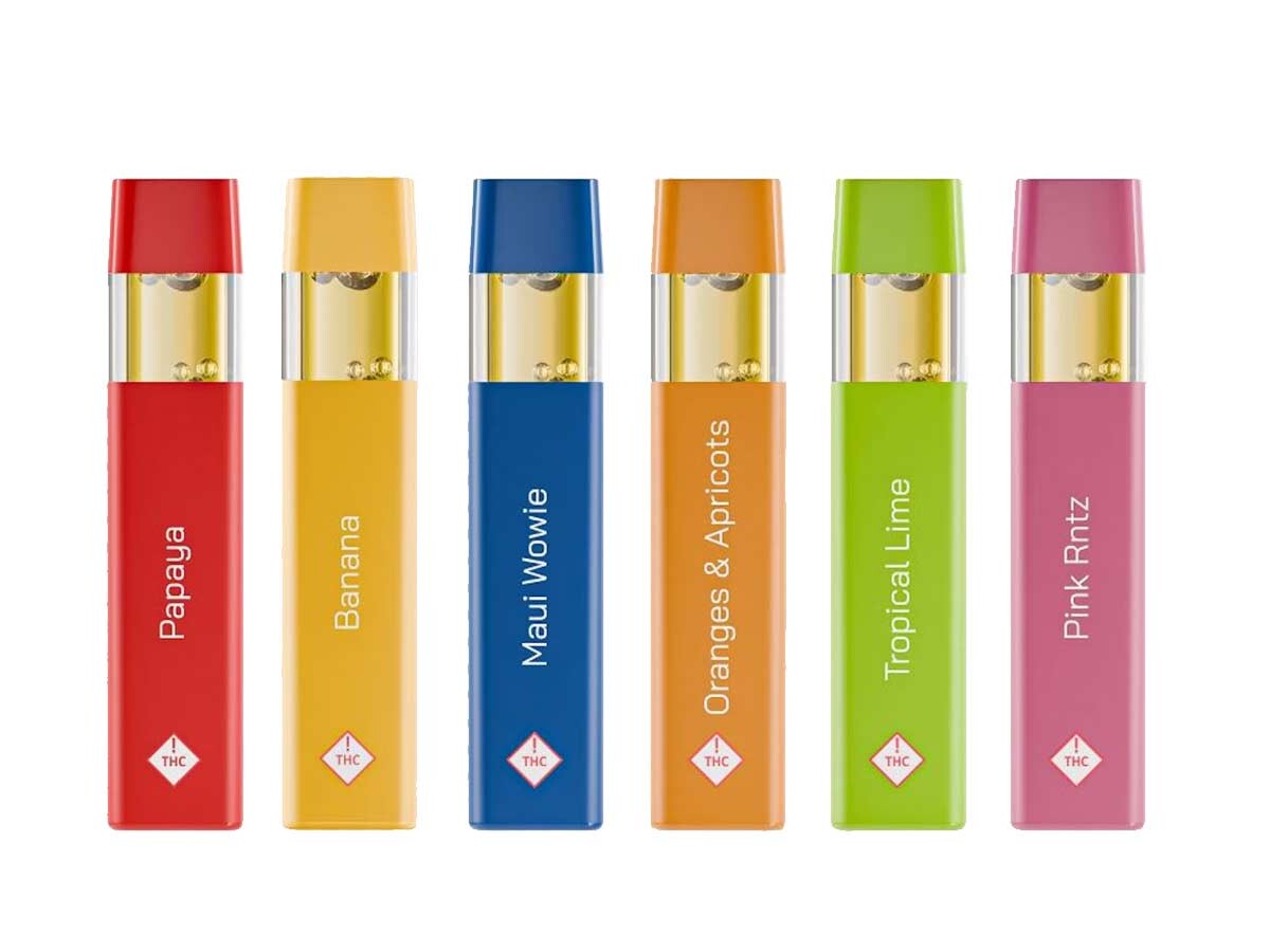 Six colorful Hazé Portals THC vape devices displayed in a row, labeled with different flavors: Papaya, Banana, Maui Wowie, Oranges & Apricots, Tropical Lime, and Pink Rntz.