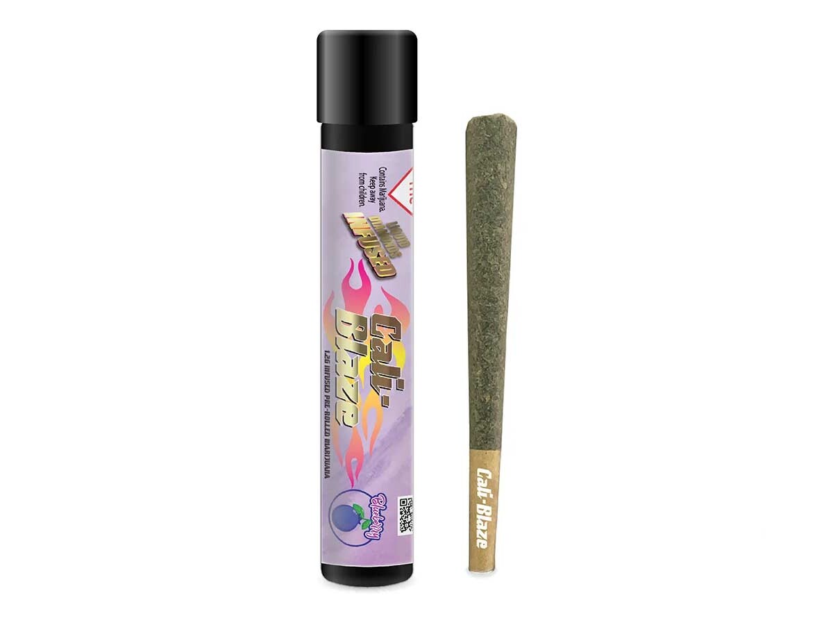 Cali Blaze THC-infused blueberry pre-roll with branded tube packaging, featuring premium cannabis flower.