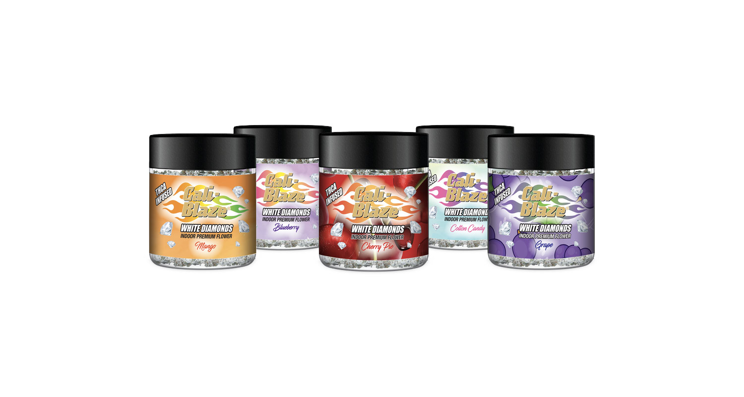Cali Blaze White Diamonds indoor premium flower jars in assorted flavors including Mango, Blueberry, Cherry Pie, Cotton Candy, and Grape, THC-infused cannabis products.